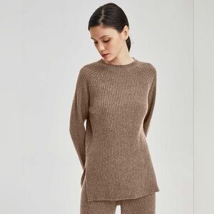 Elegant Cashmere Ribbed Brown Sweater Set for Women